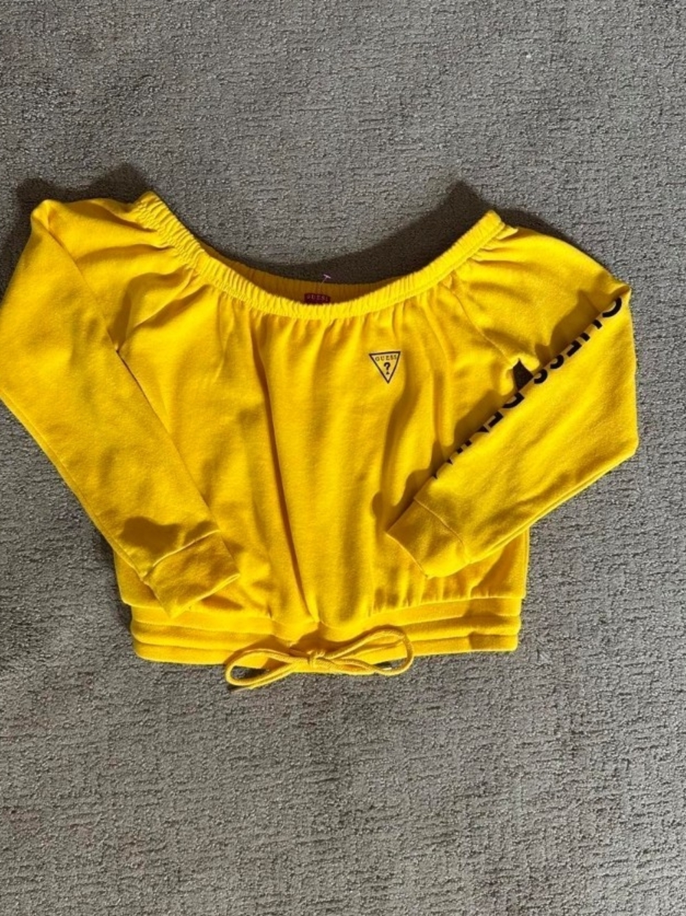 Guess Bright Yellow Off-Shoulder Tie-Hem Sweatshirt